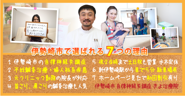 伊勢崎市で選ばれる7つの理由:1.伊勢崎市 自律神経失調症なら、2.不妊鍼灸・婦人科系疾患、3.元クリニック勤務の院長が対応、4.首こり、肩こりの鍼灸治療も人気、5.夜20時まで土日祝も営業 水木定休、6.新伊勢崎駅から車で5分 駐車場有、7.ホームページ見たで初回割引有り